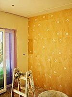 Innenwandd&auml;mmung mit Holzweichfaserplatte 6 cm,  eingebettet in Kalkgrundputz und &uuml;berzogen mit Lehmfeinputz 